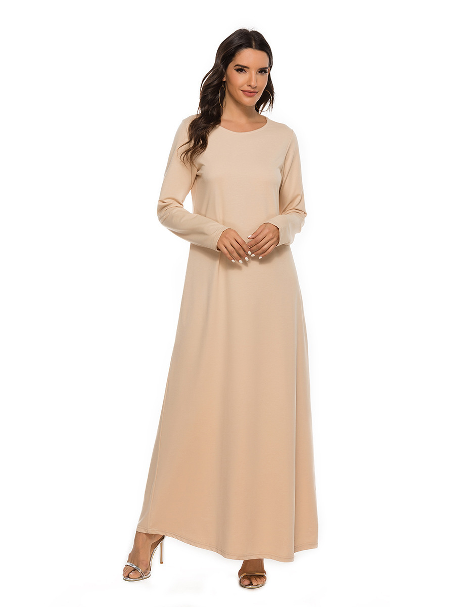 Cross-Border New Muslim Prayer Basic Long Sleeve Inner Layer Round Neck Dress Middle Eastern Robe_ecoleips.com