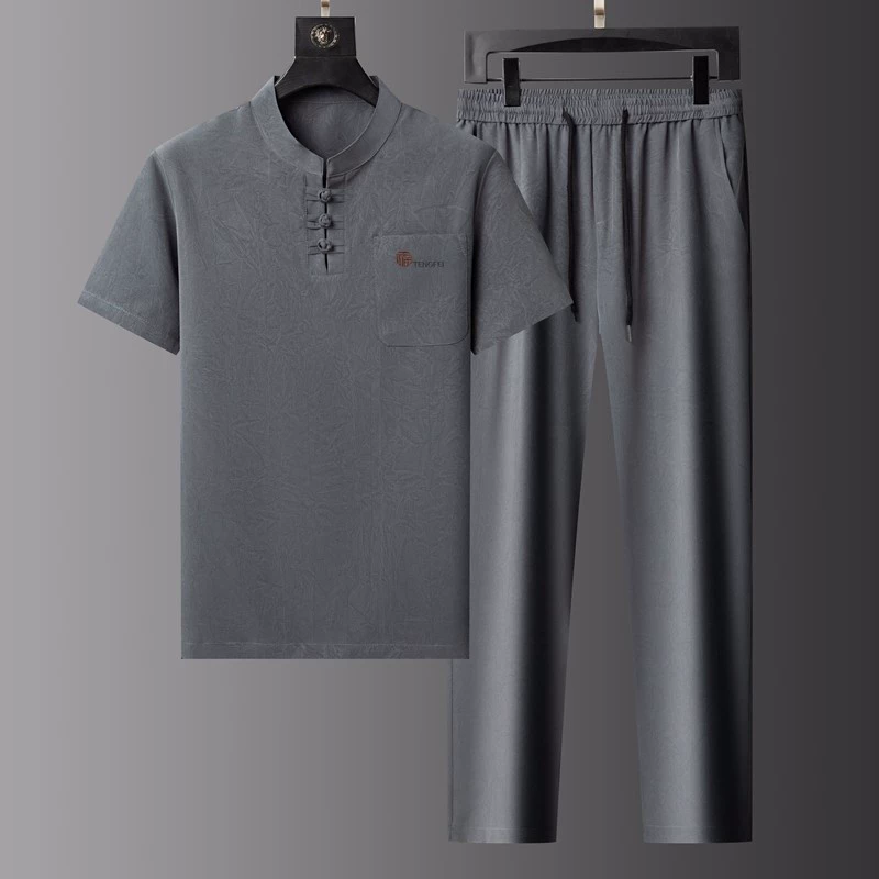 Мужская одежда среднего и пожилого возраста, костюм Тан для дедушки и папы, костюм из ледяного шелка, летний повседневный свободный костюм из двух частей с короткими рукавами в китайском стиле
