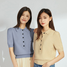 撤柜外贸折扣2024夏新款修身纯色减龄泡泡袖polo针织衫上衣女短袖