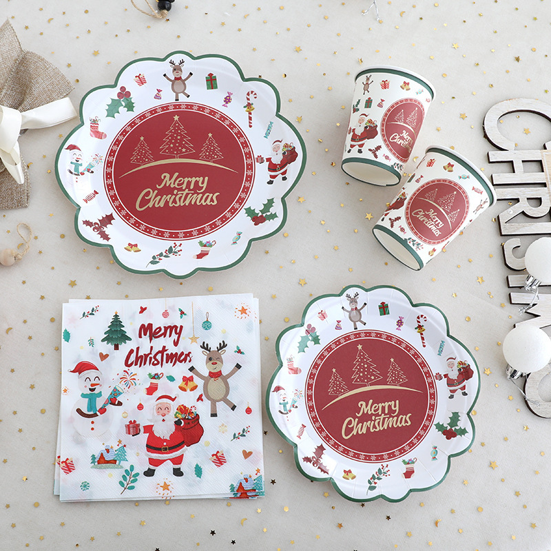 Christmas Theme Party Supplies Lace Disposable Paper Plate Paper Cup Paper Towel Tablecloth Dinner Plate Christmas Tableware suit