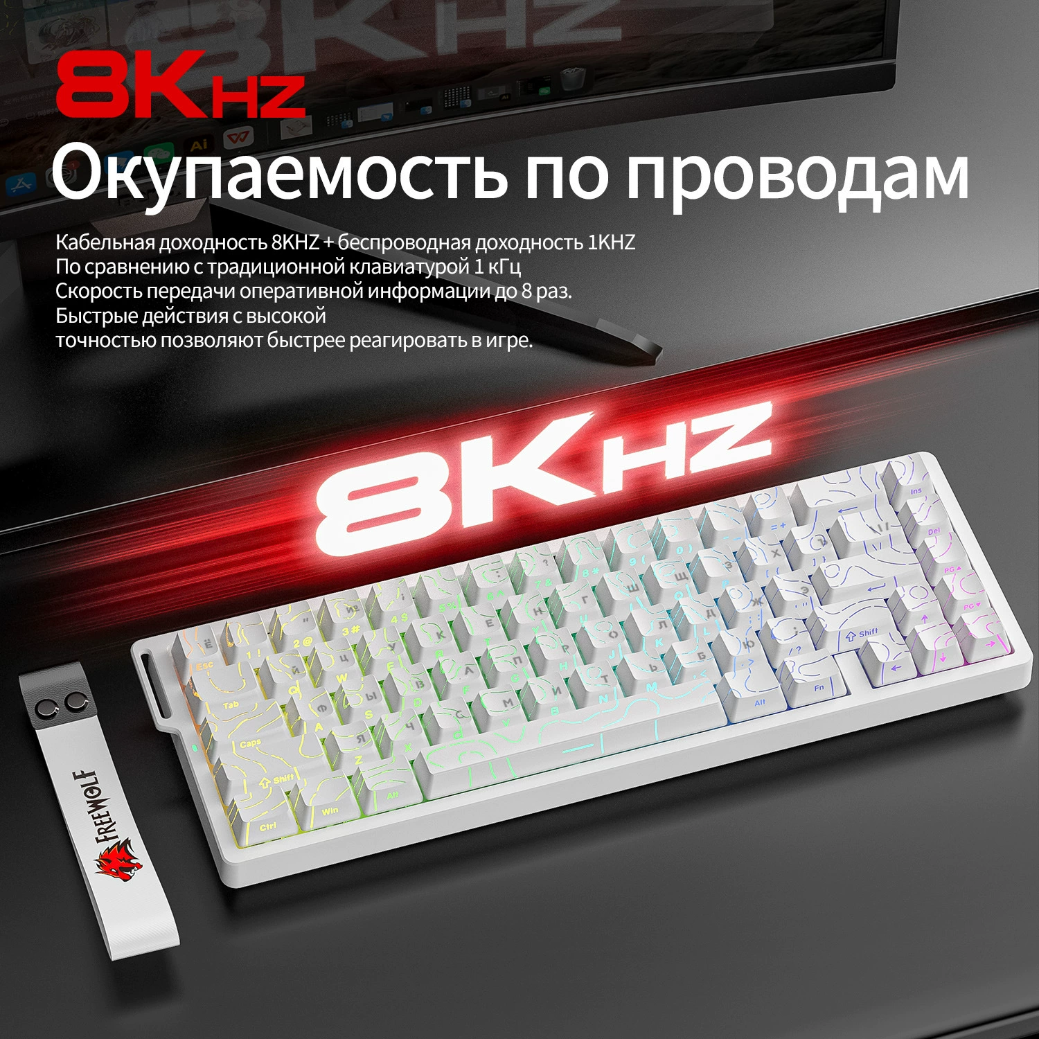 Free Wolf F68PRO Русский трёхрежим RGB магнитная ось механическая клавиатура контур проводная 8K беспроводная Bluetooth магнитная ось