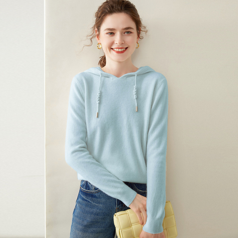 Autumn and Winter Cashmere Hoodie for Women, Loose Drawstring Hooded Sweatshirt, Sweater, Knitted Base Layer, Long-Sleeve Pullover Top, Jacket