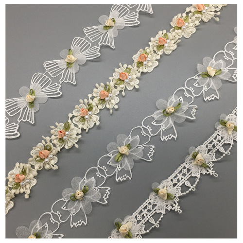 15 yard diy sewing lace ribbon trim 3d rose Clothing bowknot for  curtain tablecloth pillow wedding dress baby clothes lace applique hanfu garment accessories wholesale