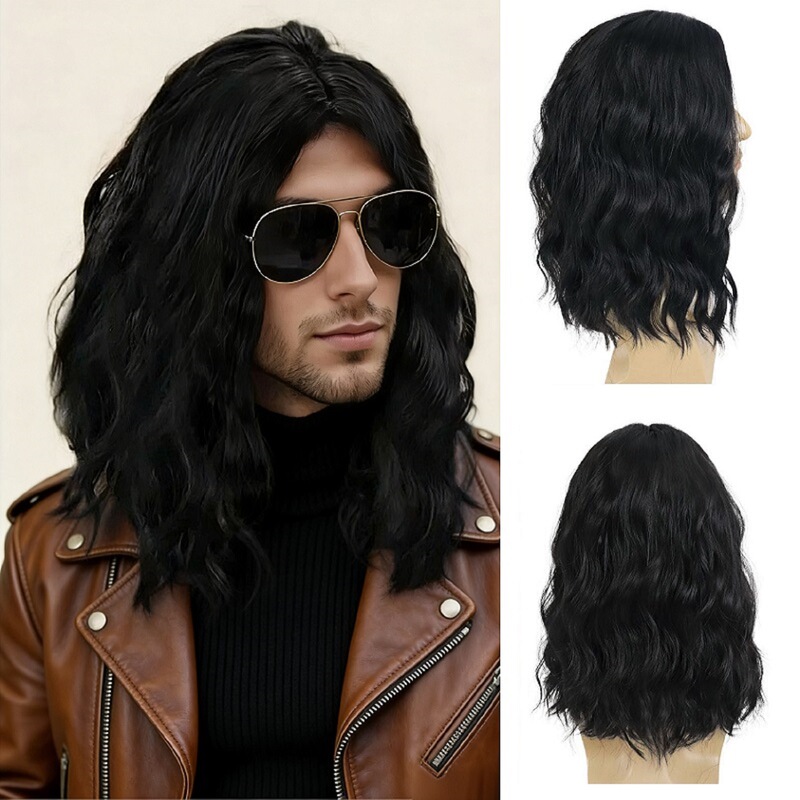 Cross-Border Men's Wig Black Short Curly Wig Punk Rock 80S Fluffy Curly Hair Halloween Cosplay Wig