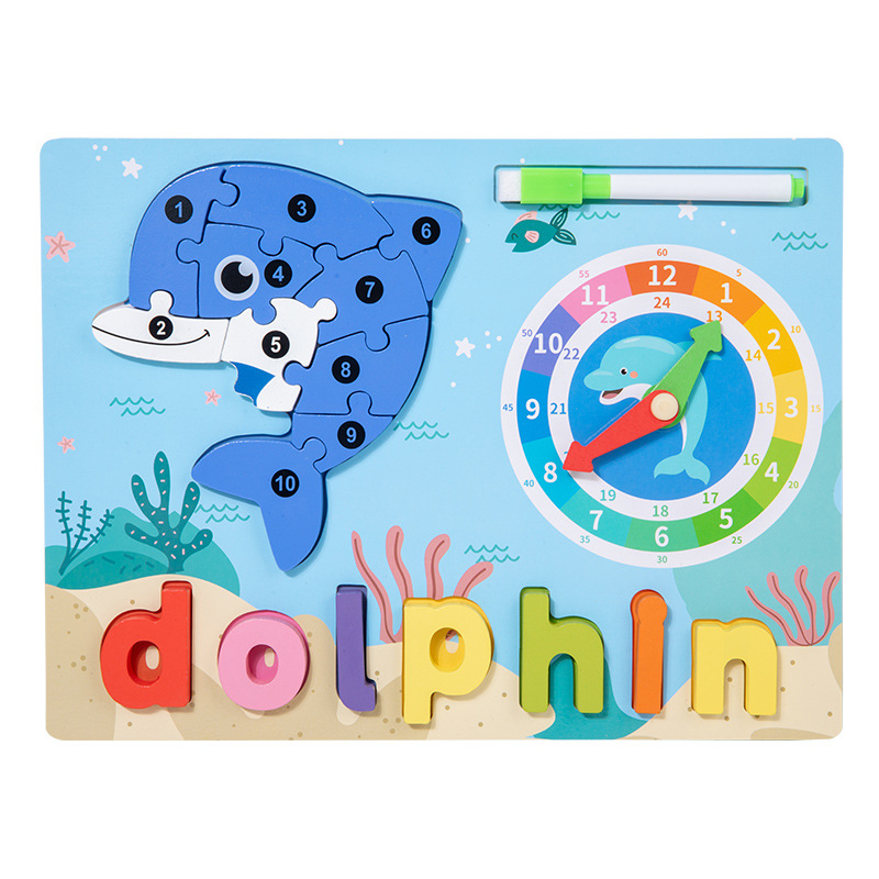 Certificado CE transfronterizo personalizado jardín de infantes educación temprana animales ortografía de palabras en inglés rompecabezas reloj material didáctico tablero de dibujo