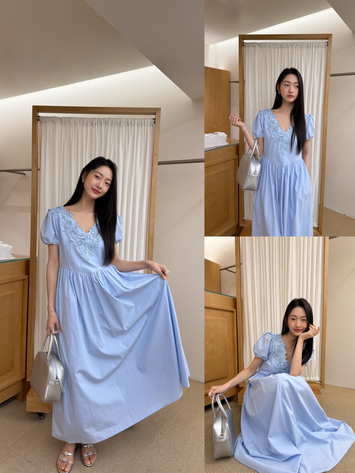 美を解釈する NEWOPEN 25 夏 フレンチスタイル 重厚なハイウエストレース Vネック パフスリーブワンピース レディース S5521