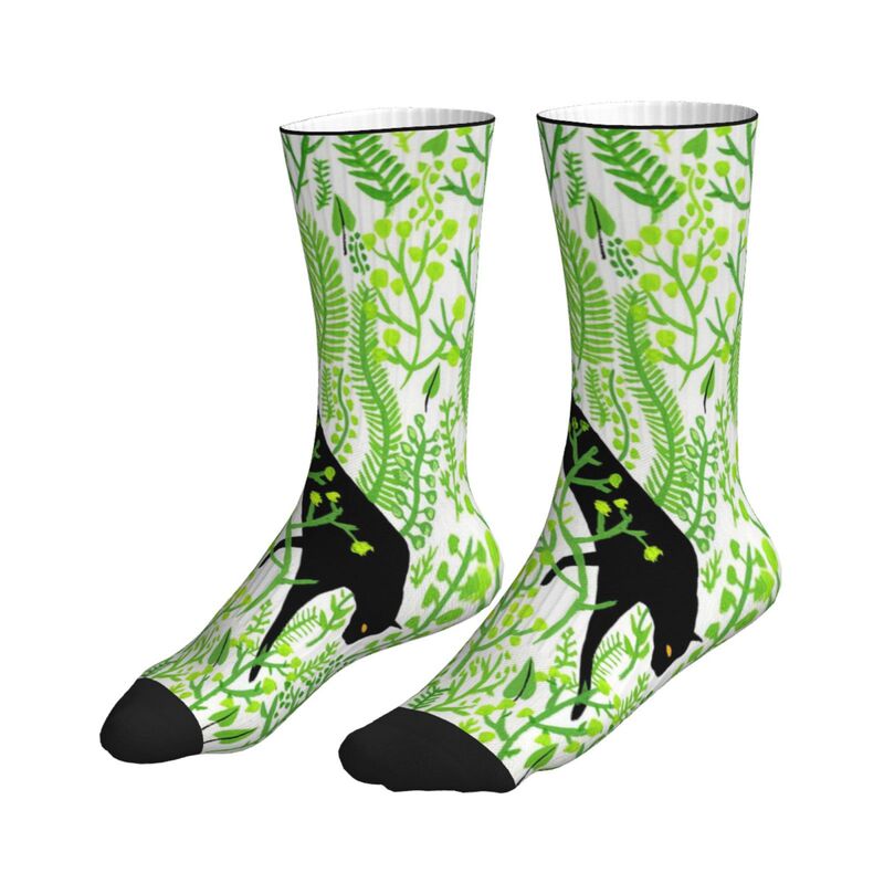 Pod Printed Socks Exclusively for Cross-Border Sales, Featuring Green Plants on a White Background, Black Panther Silhouette, and Natural Style All-Over Print, Mid-Calf Length Pod Printed Socks Exclusively for Cross-Border Sales, Featuring Green Plants on a White Background, Black Panther Silhouette, and Natural Style All-Over Print, Mid-Calf Length