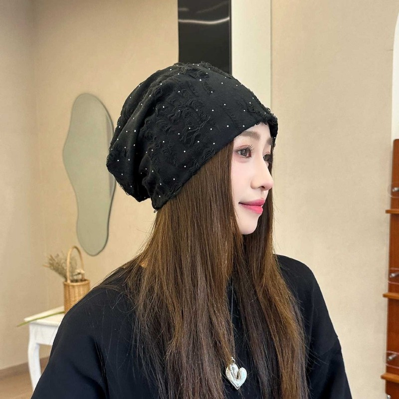 春秋新款帽子女韩版时尚亮丝堆堆帽早秋薄款大头围包头帽百搭冷帽|undefined