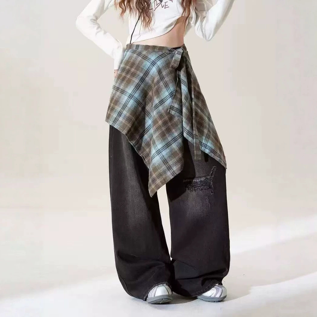 In-stock plaid tie waist scarf for female group performances, stage outfit paired with retro wide-leg pants, waist chain, and fashionable hip scarf