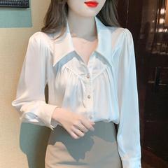 新しい春の女性の高級な白いシャツの女性の長袖の職業のゆったりしたpoloの襟の気質の大きいサイズの外は婦人服のシャツを着ます。