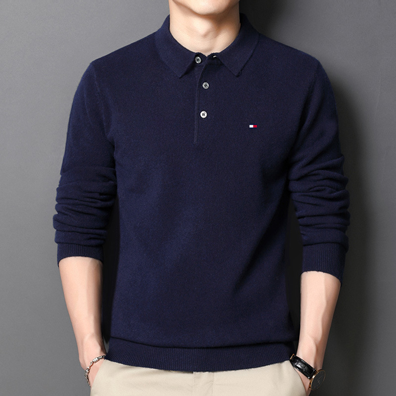 American Tommy Tommy Men's Thin Knitted Woolen Sweater Lapel Bottoming Sweater Casual Young and Middle-Aged Polo Shirt