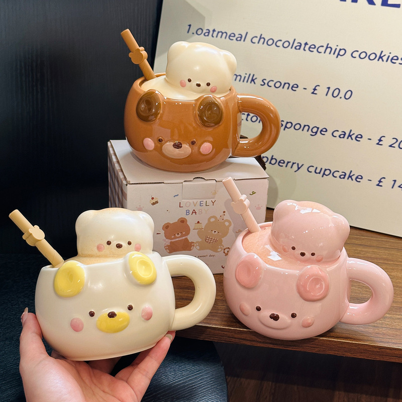 卡通熊崽贴贴杯带盖家用陶瓷早餐牛奶燕麦杯可爱小熊吸管杯伴手礼|undefined