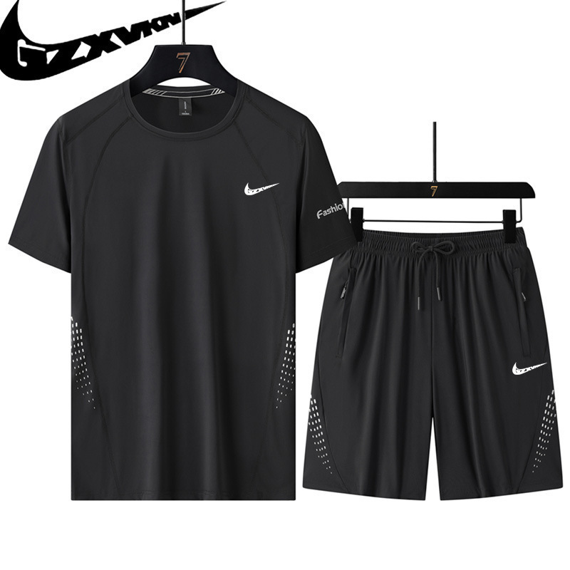 Summer Running Sportswear Men's Suit Loose Quick-Drying Ice Silk Short-Sleeved Shorts Two-Piece Set Casual Trendy Brand Large Size Summer Running Sportswear Men's Suit Loose Quick-Drying Ice Silk Short-Sleeved Shorts Two-Piece Set Casual Trendy Brand Large Size