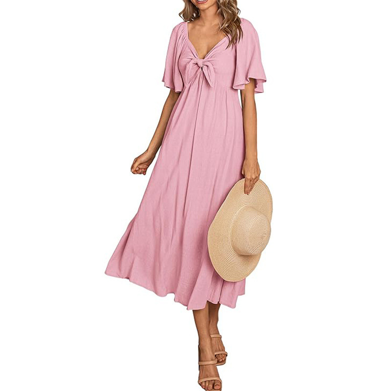 Amazon new 2024 summer women's short sleeve bow V-neck pleated long elegant dress Amazon new 2024 summer women's short sleeve bow V-neck pleated long elegant dress