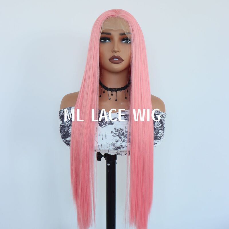 13*4 Front Lace Light Pink Hand-Crocheted Wig for Female Groups Cosplay, Freely Partable Long Straight Hair, High-Temperature Fiber Wig