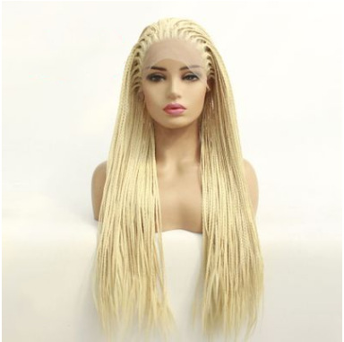 Fibra química de alta temperatura seda de oro ligero de moda europea y americana de encaje frontal tres pequeñas trenzas pelucas de trenza LW0088