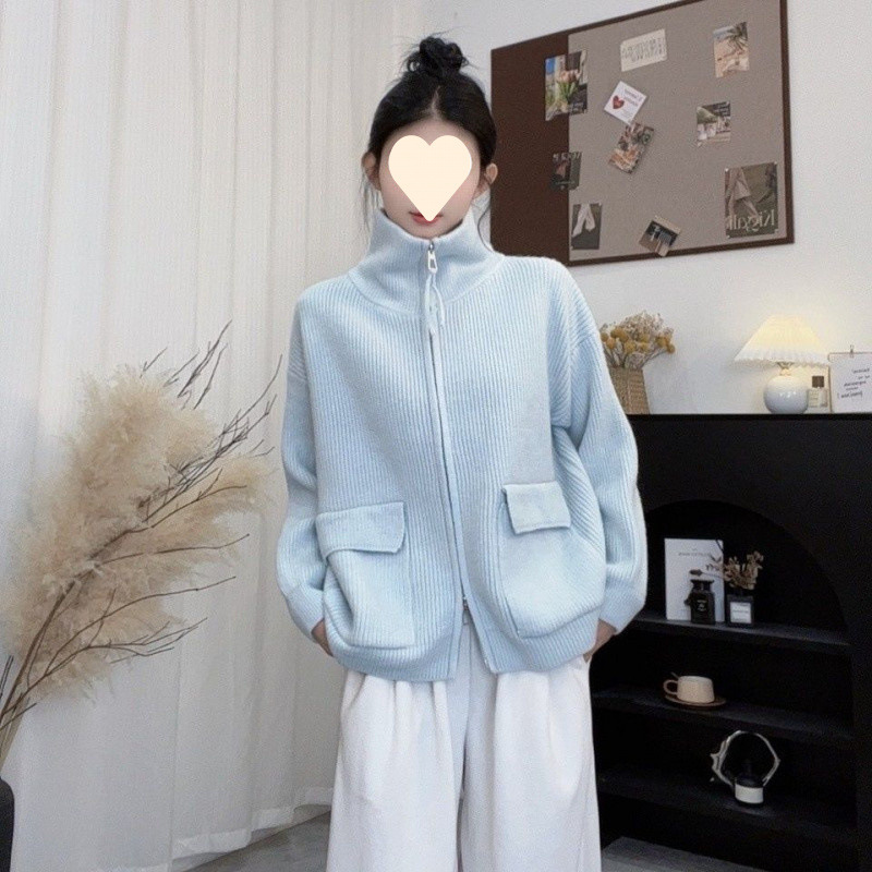 Double Zipper Knitted Cardigan Women Coat