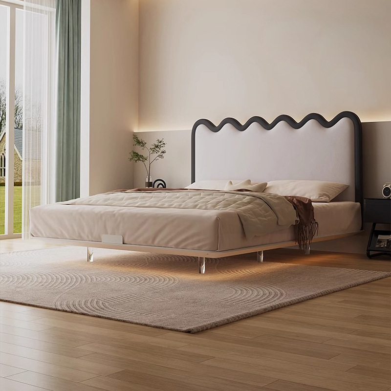 Lecho ondulado flotante estilo ondulado moderno cama de cabecera ultra delgada cama doble cama de tela de acero al carbono cama