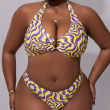 欧美爆款大码泳衣女挂脖印花跨境三件套沙滩泳装比基尼亚马逊