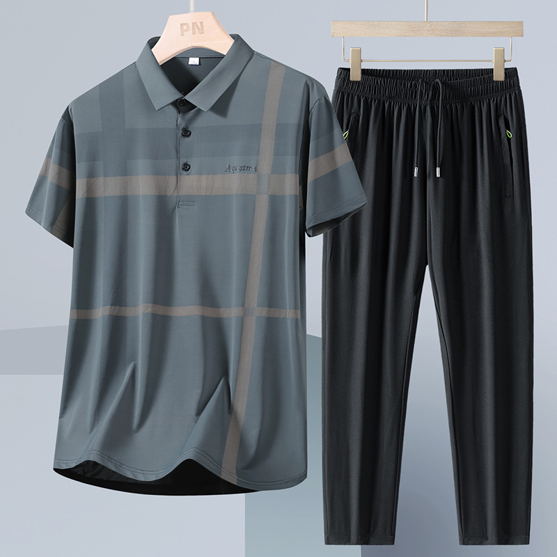 Verano de mediana edad y ancianos traje de polo hombres nuevos pantalones de manga corta de seda de hielo traje de papá suelto casual de dos piezas hombre