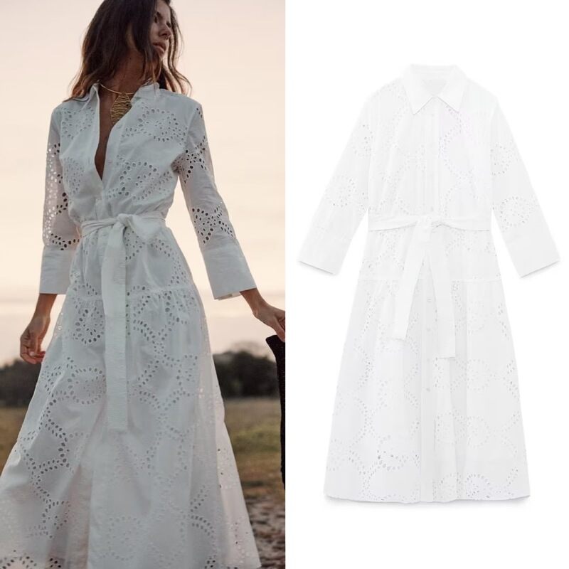 Cross-Border Wholesale Cross-Border Supply Wholesale Autumn European and American Shirt-Style Long Skirt Hollow Embroidered Midi Dress Cross-Border Wholesale Cross-Border Supply Wholesale Autumn European and American Shirt-Style Long Skirt Hollow Embroidered Midi Dress