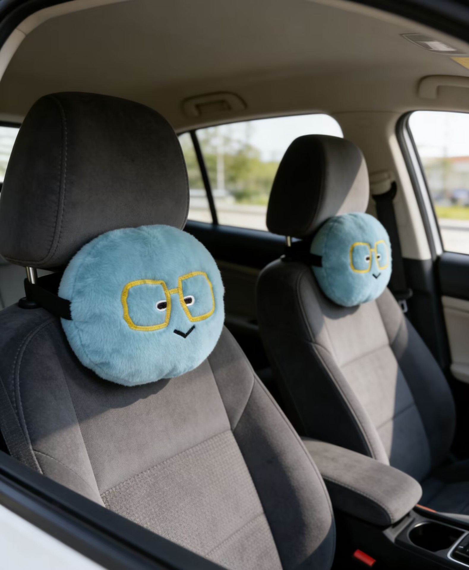 Car Headrest Neck Pillow with Smiley Face Blue Emoji Design, Car Cushion for Long Trips, Cartoon Car Headrest Pillow