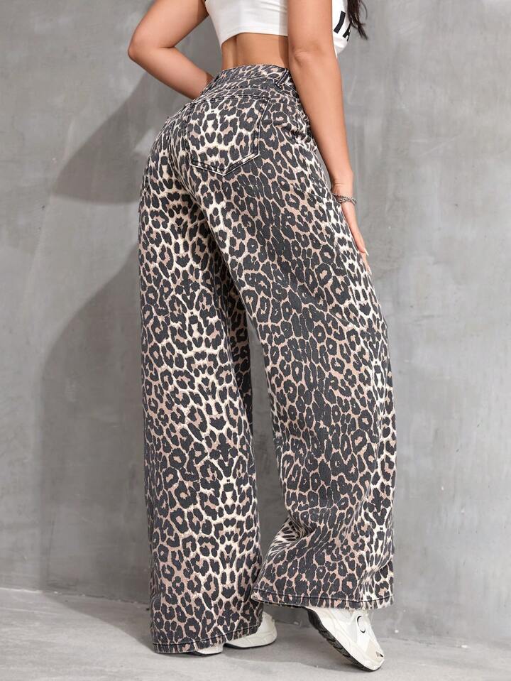 Cross-Border Trendy Brand Leopard Print Straight-Leg Casual Pants Long Pants 2025 Early Spring American Retro Design Jeans