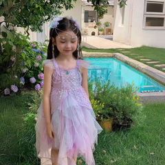 廠家女童無袖連衣裙魚鱗亮紗鑽石珍珠美人魚公主裙生日六一表演