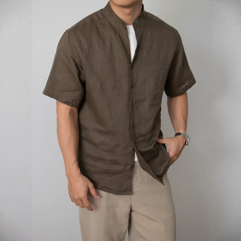 Nengmeng Stand-Up Collar Linen Texture Solid Color Shirt for Men, Summer Drapey Loose Breathable Cool Shirt Top Men's Clothing