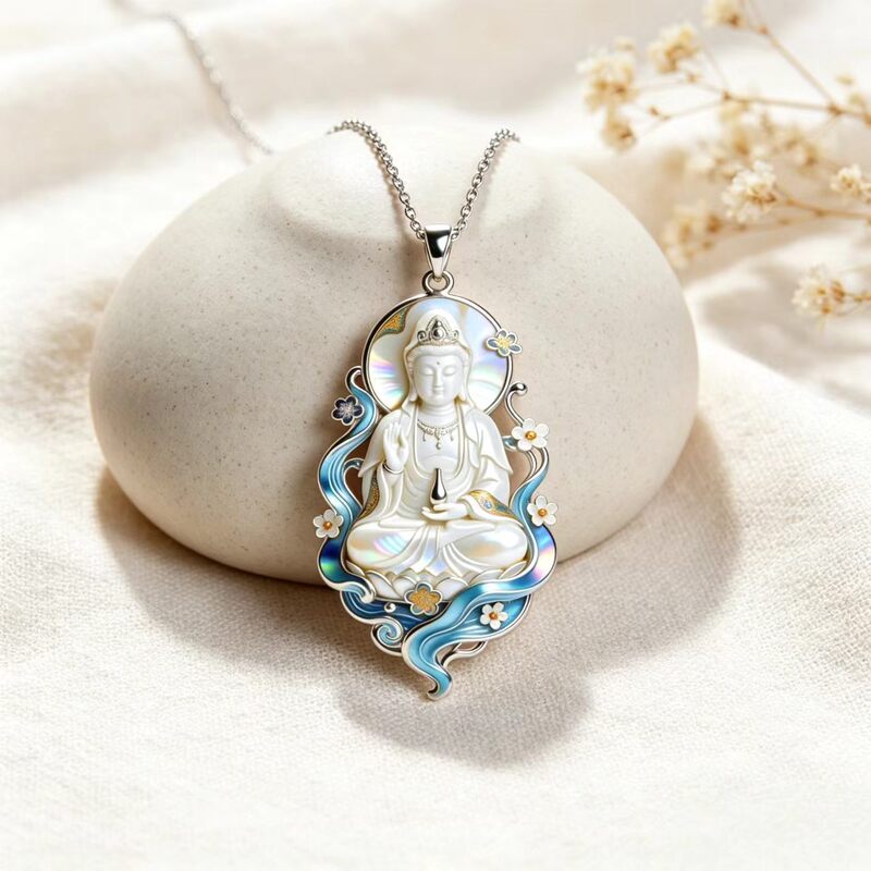 Enamel Colored Guanyin Buddha Pendant Necklace, Chinese Style Nine-Tailed Fox Clavicle Chain, a High-End Jewelry Gift for Family and Friends