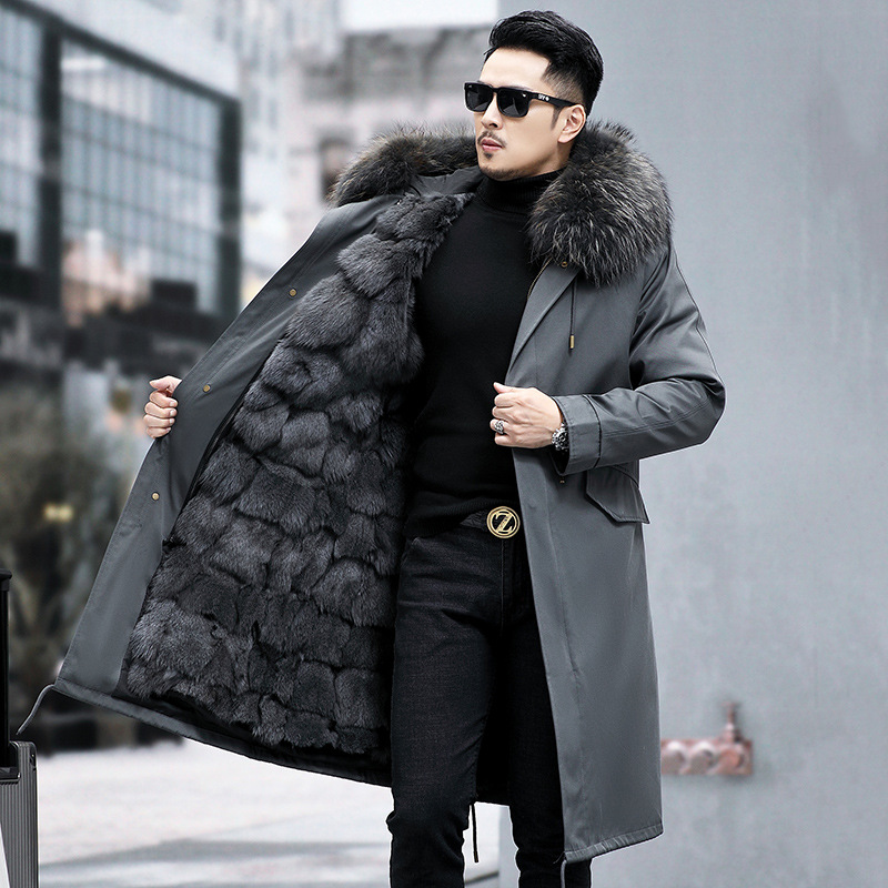 무릎 위 다크 그레이 쉘 헤이즈 블루 폭스 모피 라이너