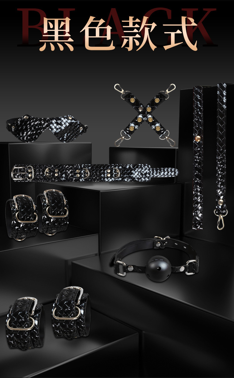 7-Piece Bondage Kit with Handcuffs and Nipple Clamps in Black PU — detail image 24
