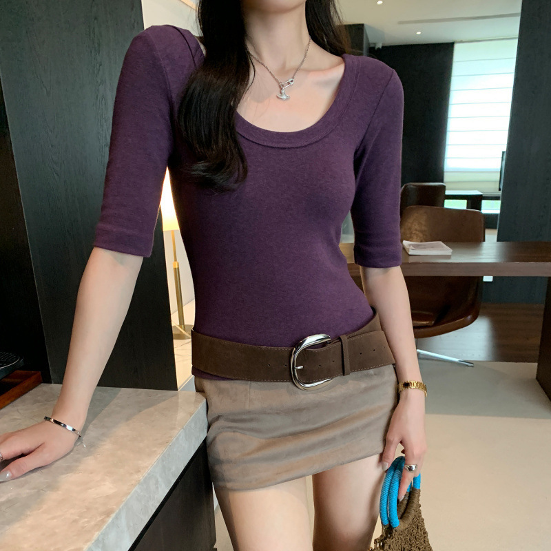 简约纯色七分袖u领T恤女2025夏季气质修身显瘦软糯收腰紧身上衣女|undefined