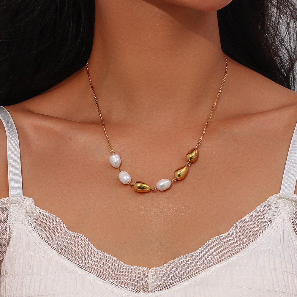 Fashion Geometric Stainless Steel Plating Pearl Necklace_colorza_6