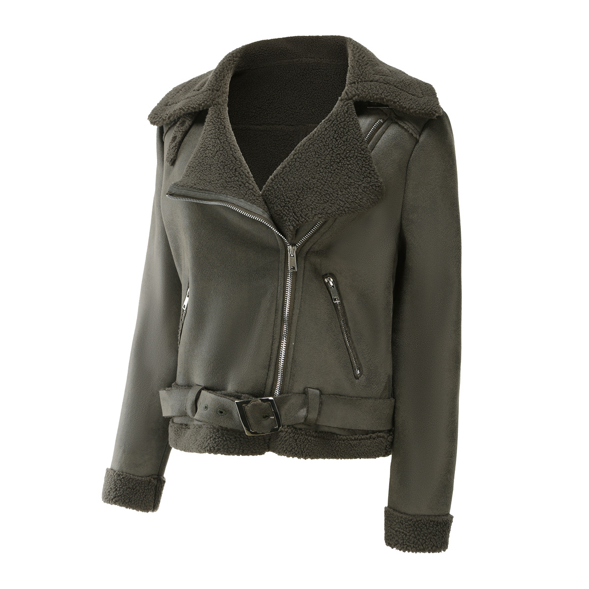 Cappotto con bavero da donna in pelle con pelliccia calda integrata autunno/inverno 2024 con cintura_voghion.com