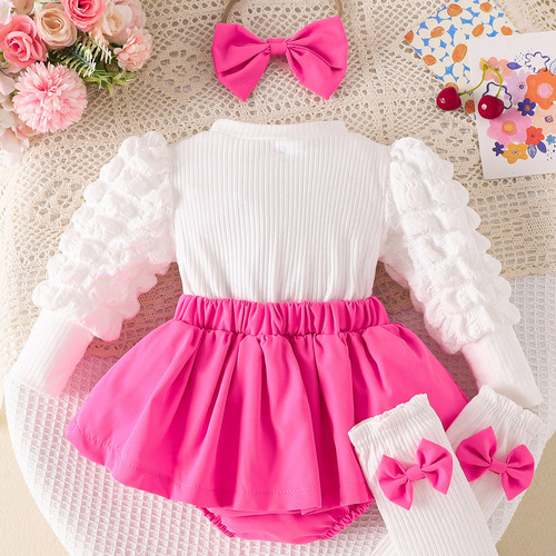 Baby girl love bubble sleeves, suit, onepiece dress, bow skirt, hair band, socks, three-piece set