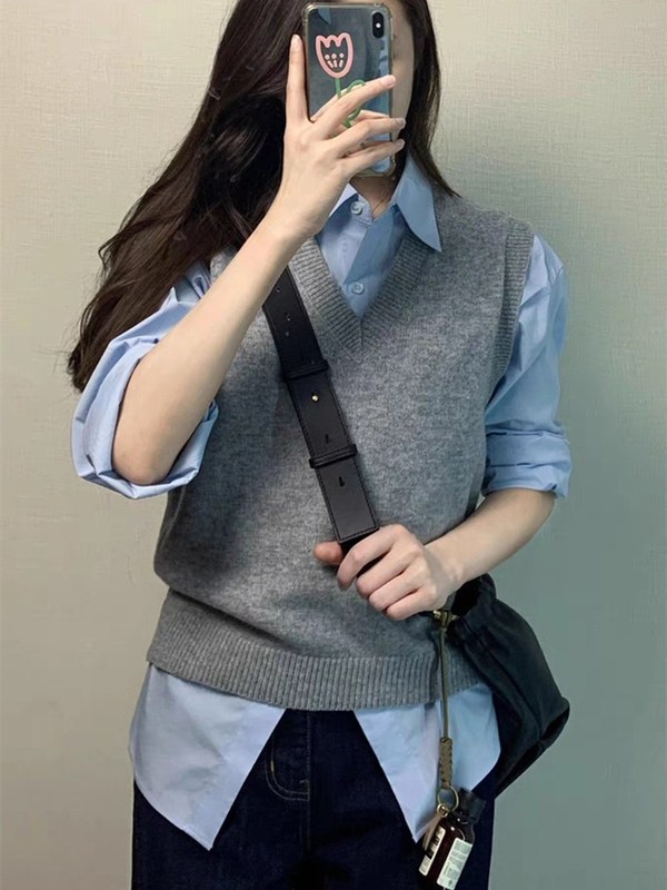 灰色V领针织马甲毛衣背心女2025年春秋宽松纯色马夹叠穿无袖坎肩|undefined