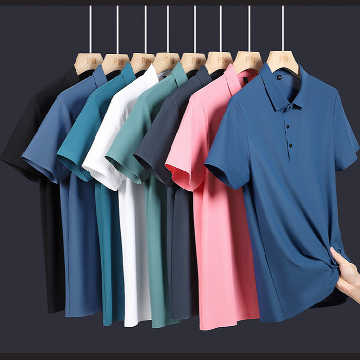 Casual Men's Ice Silk Seamless Polo Shirt, Men's Stretchy, Wrinkle-Free, Thin Short-Sleeve Collared T-Shirt, Breathable and Gentlemanly