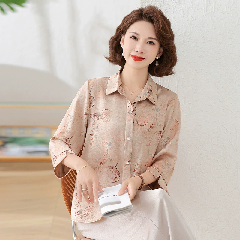 Летняя шифоновая рубашка с рукавом три четверти в западном стиле для мам, новинка 2025 года, модная весенне-осенняя женская рубашка среднего и пожилого возраста