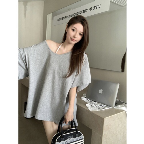 Missing Bottoms T-Shirt for Women - Spring and Summer New Arrival Vacation Style Loose U-Neck Short Sleeve Medium Length Pink Red Lazy Top