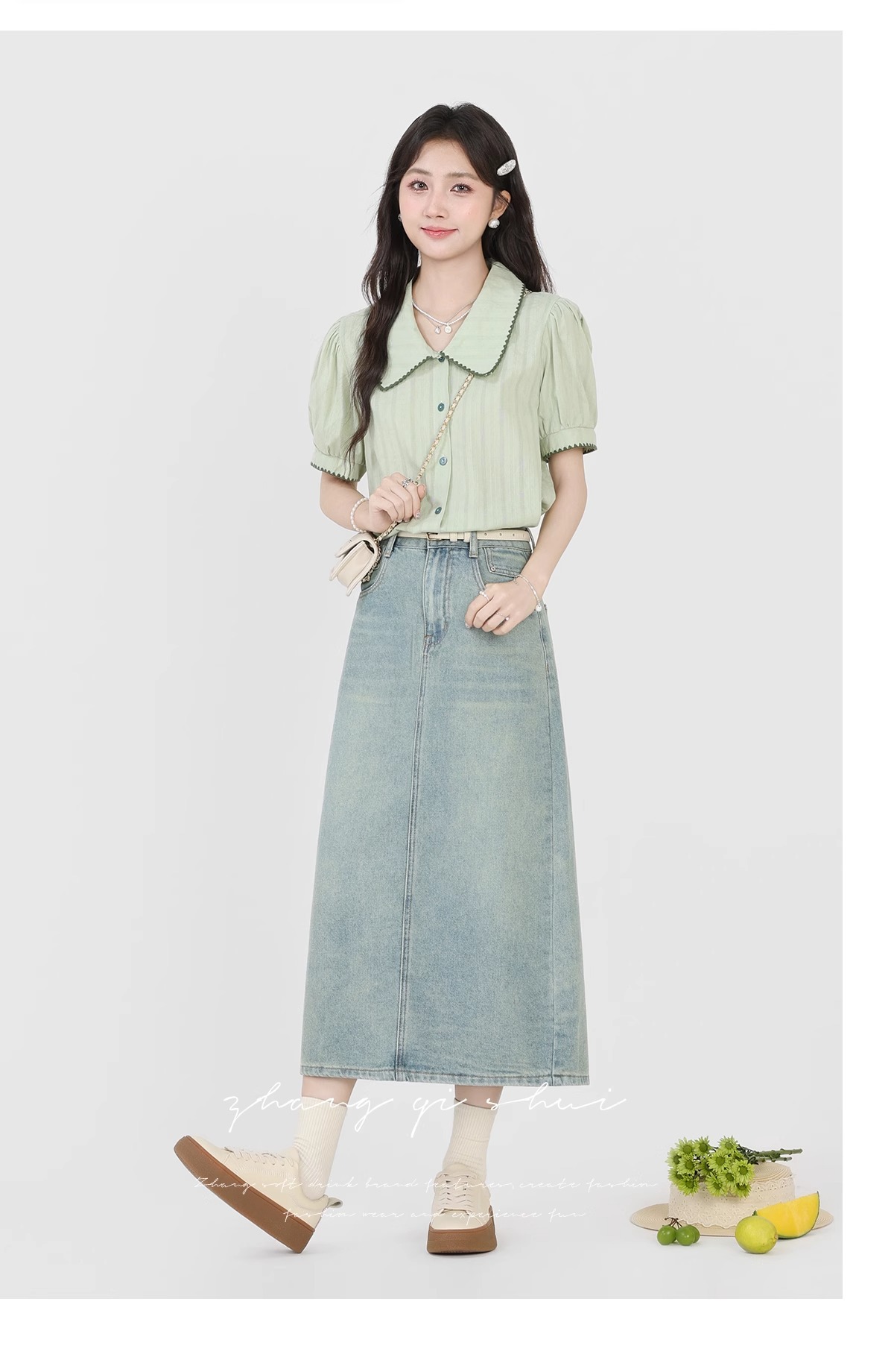 Áo sơ mi nữ cotton ngắn tay cổ búp bê xanh nhạt phong cách mới mùa hè — Màu xanh lục nhạt chi tiết 11