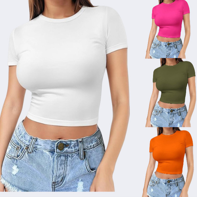 Cross-Border European and American Style Navel-Baring T-Shirt Hot Girl Summer Pullover Top Women's Thin Round Neck Fashion Milk Silk Short Sleeves