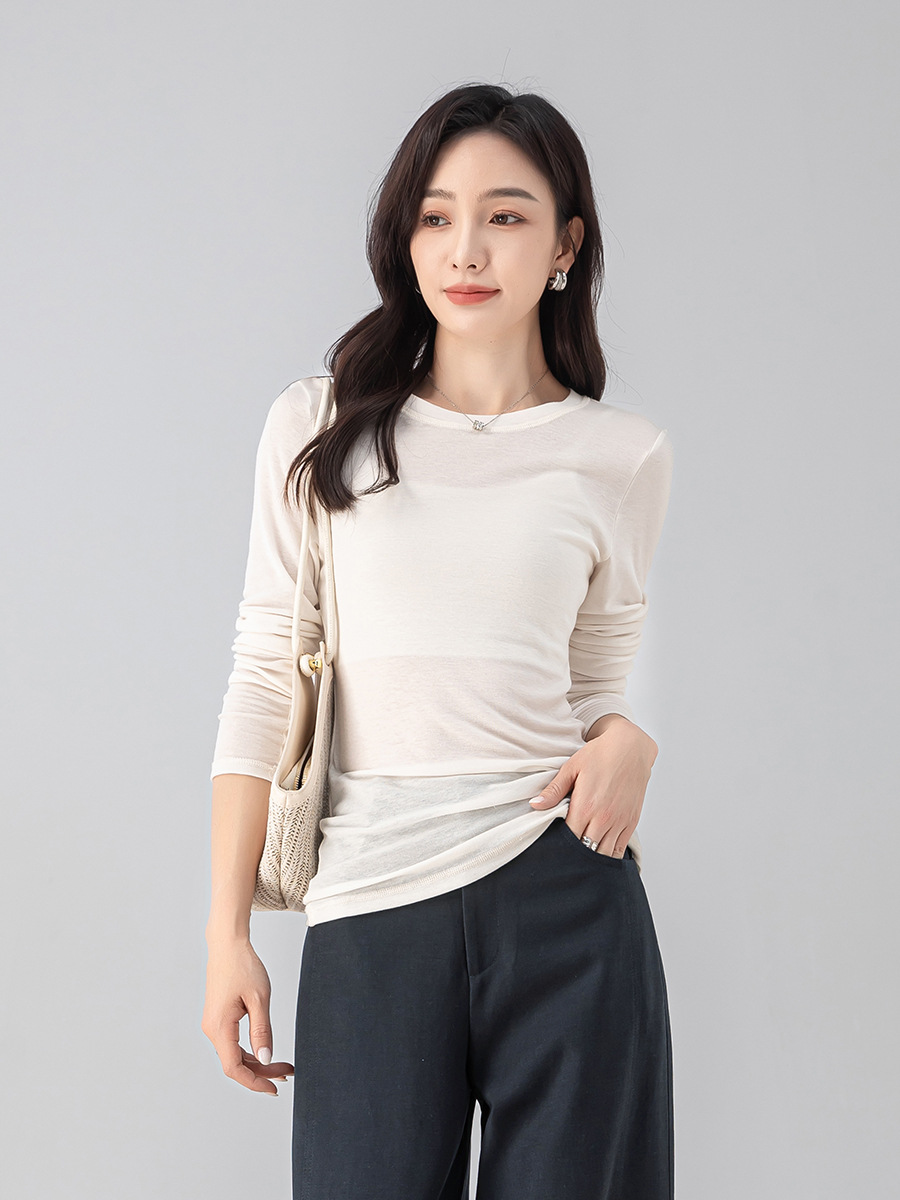 Áo thun nữ cổ tròn dáng rộng tay dài chất Tencel Cashmere phong cách retro Hàn Quốc — Màu cà phê