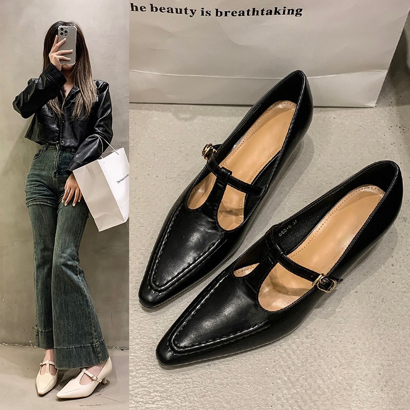 French-Style Elegant High-Heeled Shoes with a Closed-Toe Hollow Design, Fairy-Style 2025 New Spring Evening Buckle Pointed-Toe Single Shoes