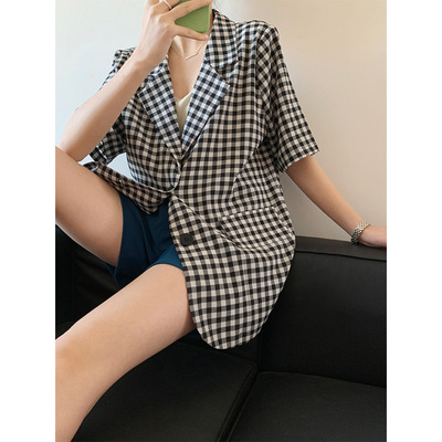 橘芷2021夏短袖西装复古格纹女两粒扣宽松韩休闲西服外套20221