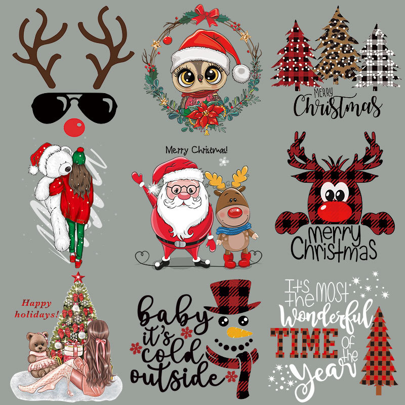 跨境货源圣诞烫画图案 服装印花烫图胶印加 工热转印logo烫贴印花