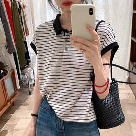 黑白拼色条纹POLO领短袖T恤女2025夏季新款小飞袖休闲上衣