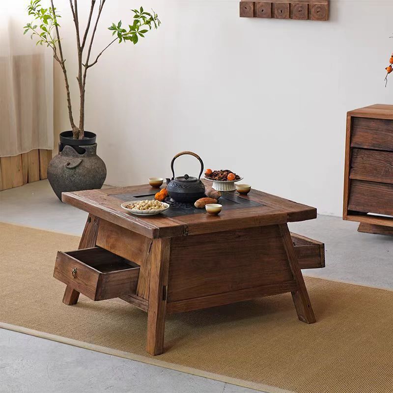 Old Elm Zen-Style Four-Season Tea Brewing Table, Outdoor Hot Pot Table, Balcony Barbecue Coffee Table, Solid Wood Courtyard Barbecue Table