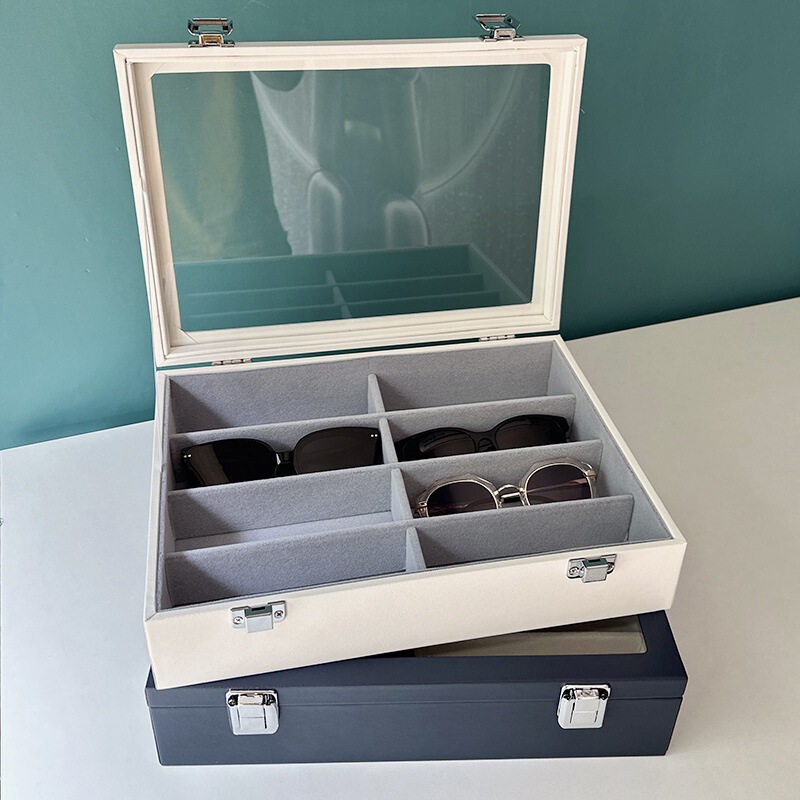Advanced Transparent Glass Cover Glasses Case 8 Compartments Large Capacity Glasses Counter Display Tray Sunglasses Collection Jewelry Box