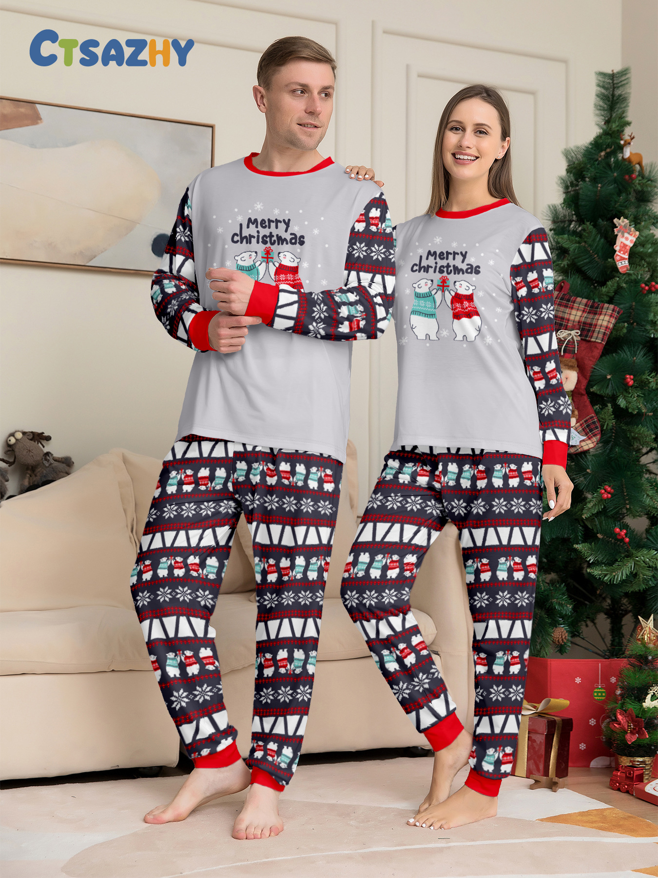 Pijama de natal a combinar para família com urso e flocos_voghion.com